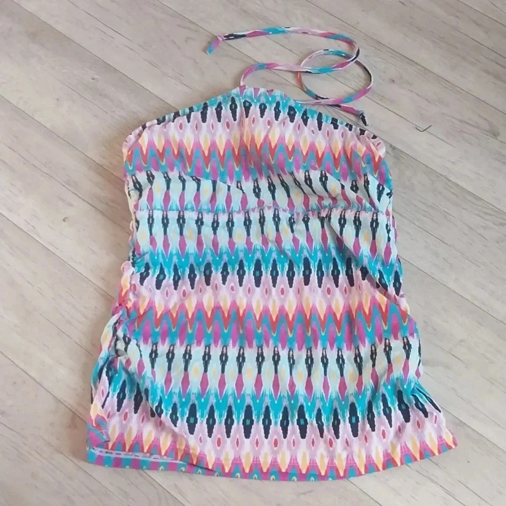 Athleta Medium Boscabell Rainbow Ikat Tankini Swim Top Colorful Print Halter Tie - Picture 2 of 8